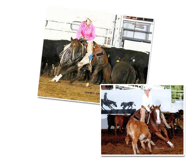 Collage of Carrie competing in cutting horse events, displaying finesse and strategy.