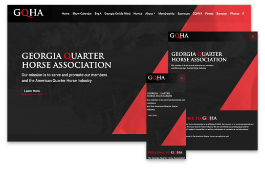 Screenshots of the Georgia Quarter Horse Association website, showcasing Big Sky's dedication to horse associations.